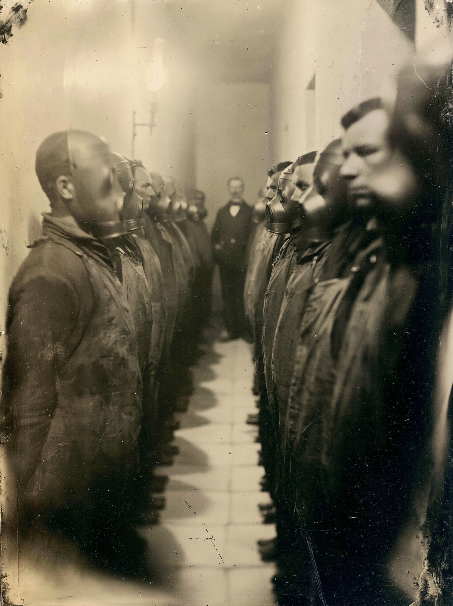 Gas Mask Lineup Vintage Photography Poster. poster detail