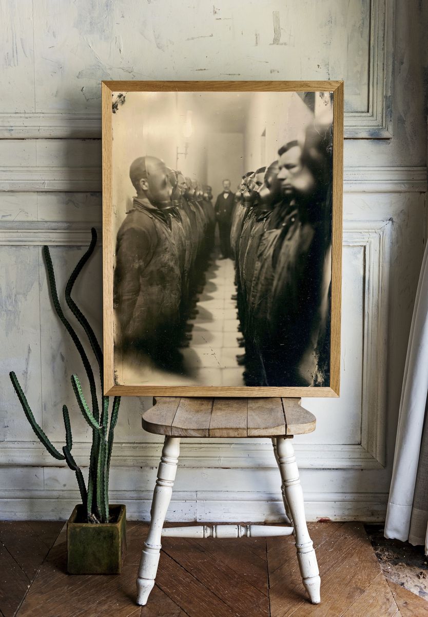 Gas Mask Lineup Vintage Photography Poster. room preview