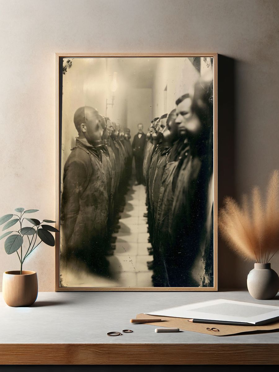 Gas Mask Lineup Vintage Photography Poster. — room view 2