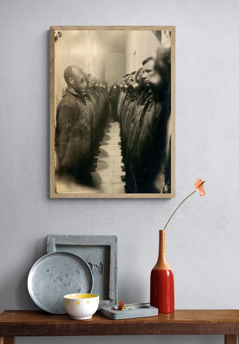 Gas Mask Lineup Vintage Photography Poster. — room view 3