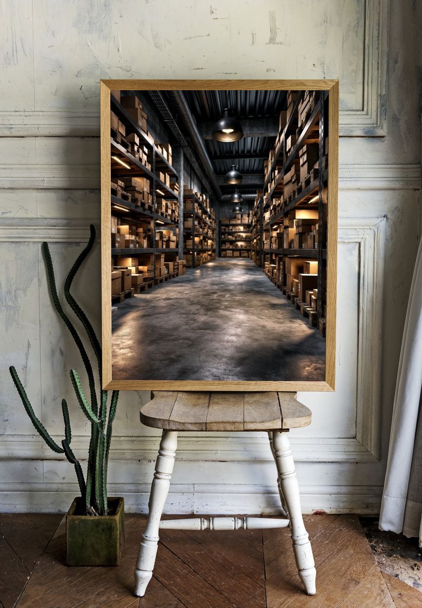 Industrial Warehouse Aisle Photography Poster. room preview