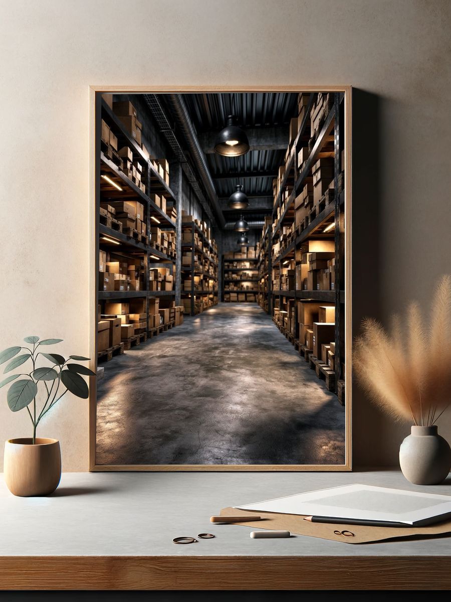 Industrial Warehouse Aisle Photography Poster. — room view 2