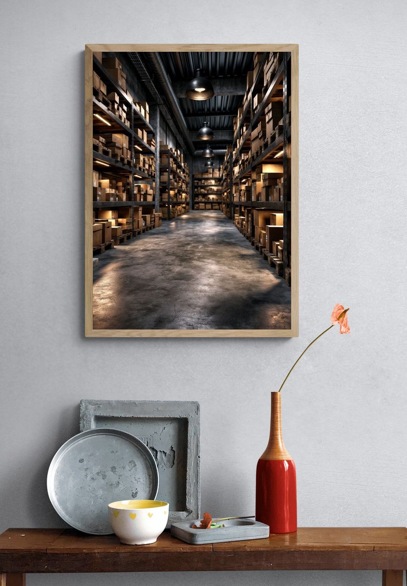 Industrial Warehouse Aisle Photography Poster. — room view 3