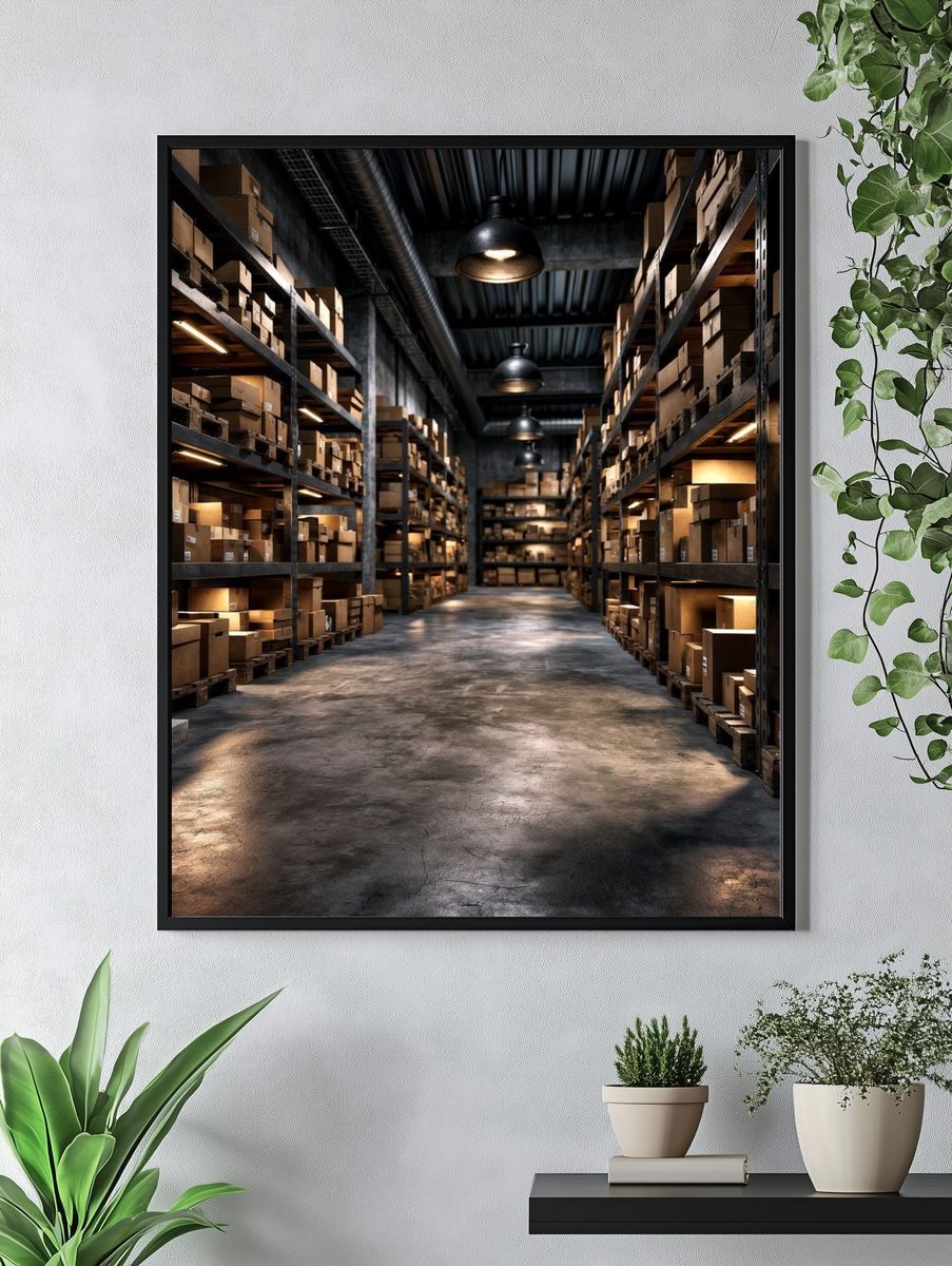 Industrial Warehouse Aisle Photography Poster. — room view 4
