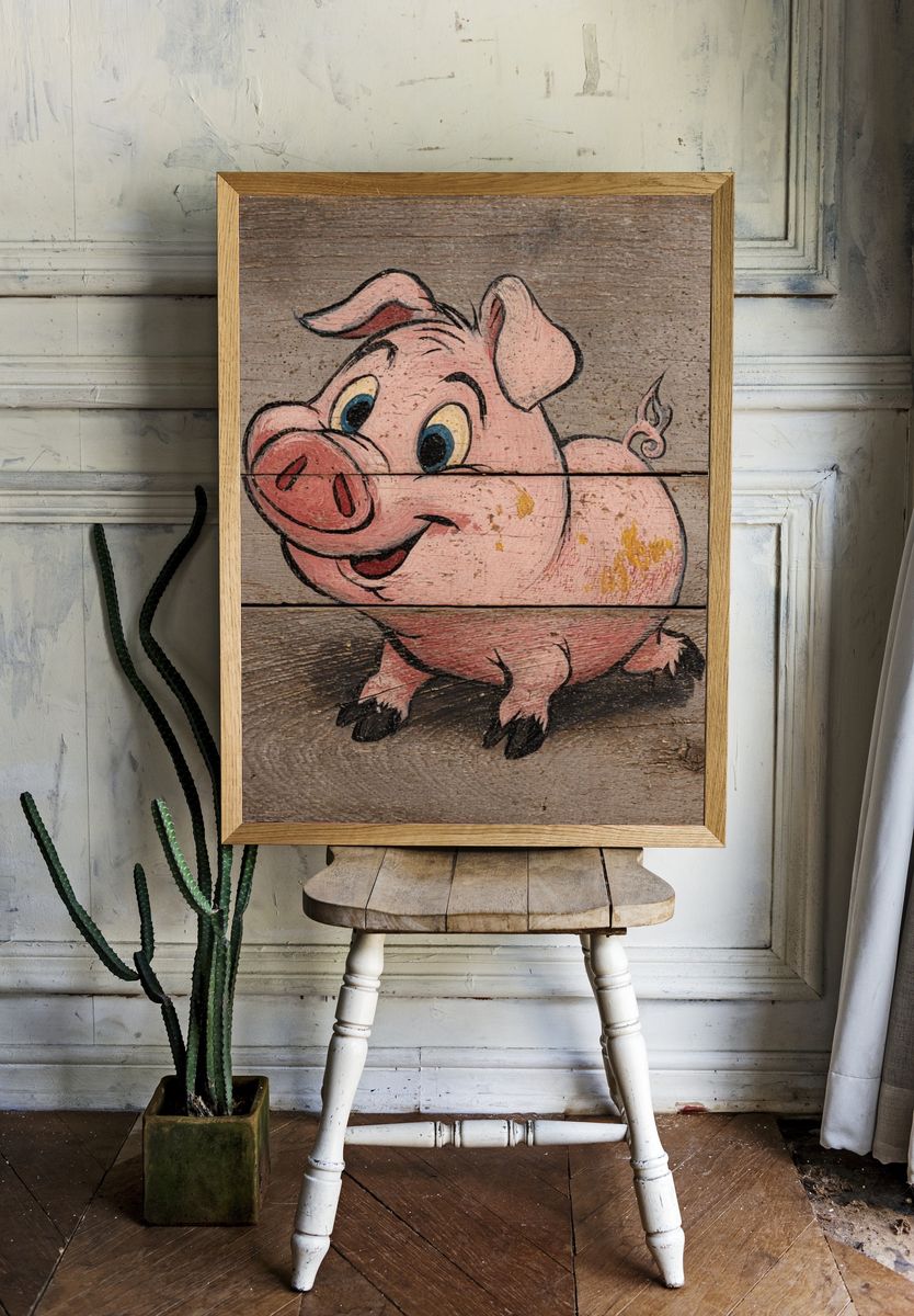 Smiling Pig Rustic Illustration Poster. — room view 1
