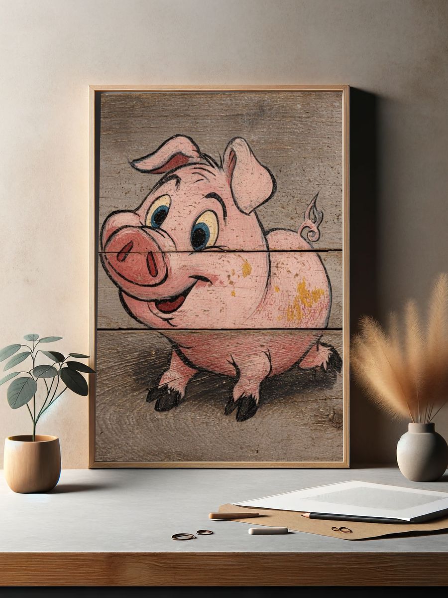 Smiling Pig Rustic Illustration Poster. — room view 2