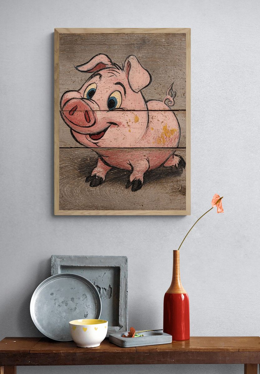 Smiling Pig Rustic Illustration Poster. — room view 3