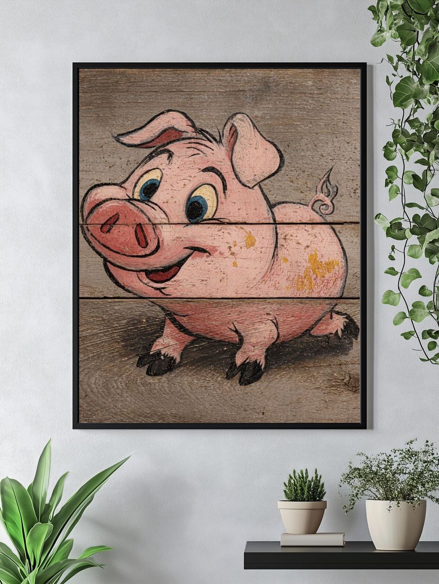 Smiling Pig Rustic Illustration Poster. — room view 4