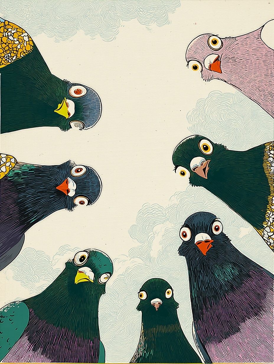 Playful Pigeons Illustration Poster. poster detail