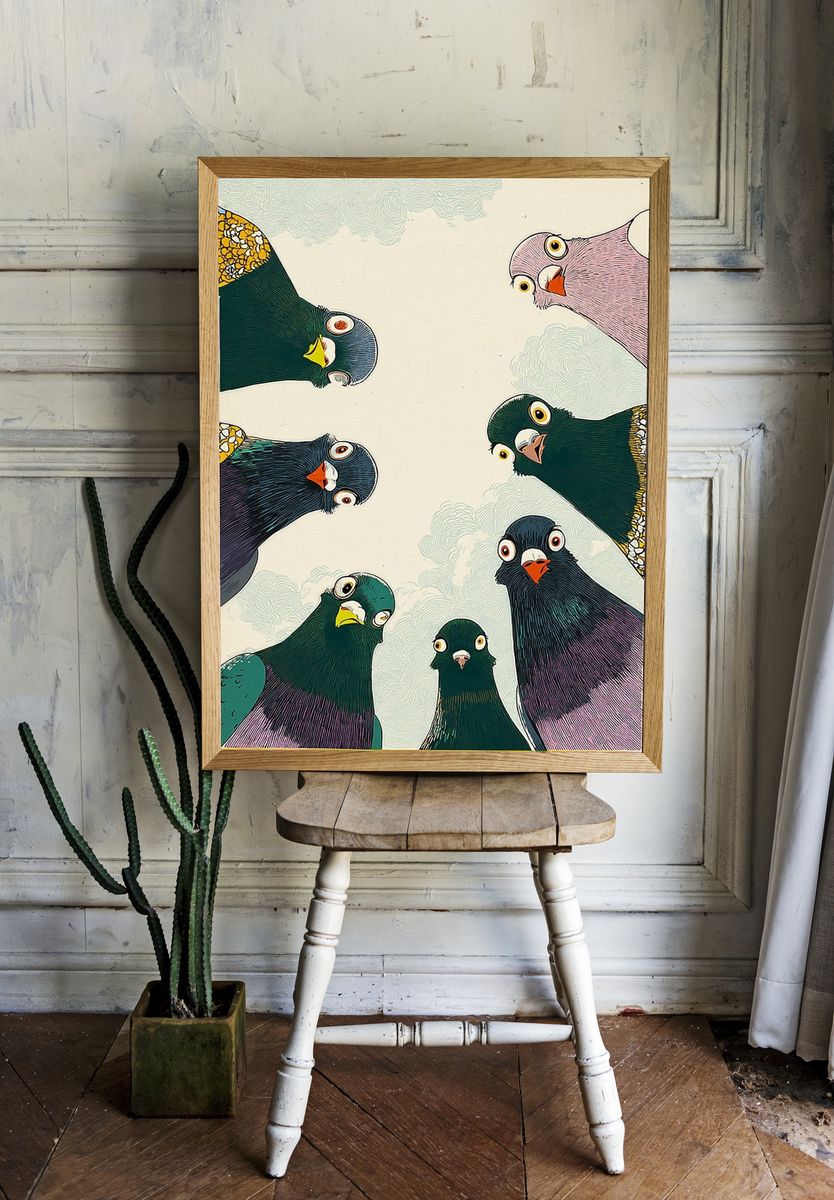 Playful Pigeons Illustration Poster. — room view 1