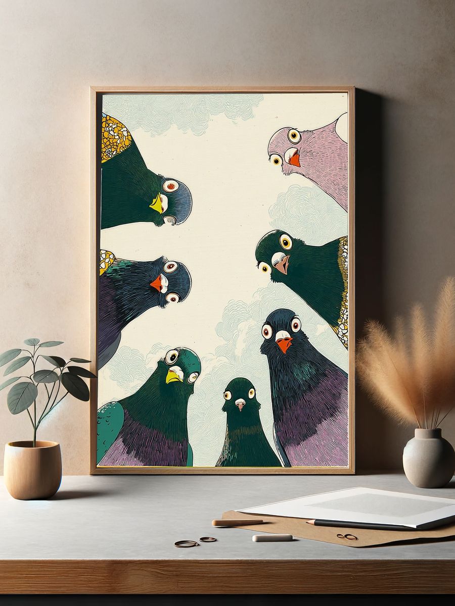 Playful Pigeons Illustration Poster. — room view 2