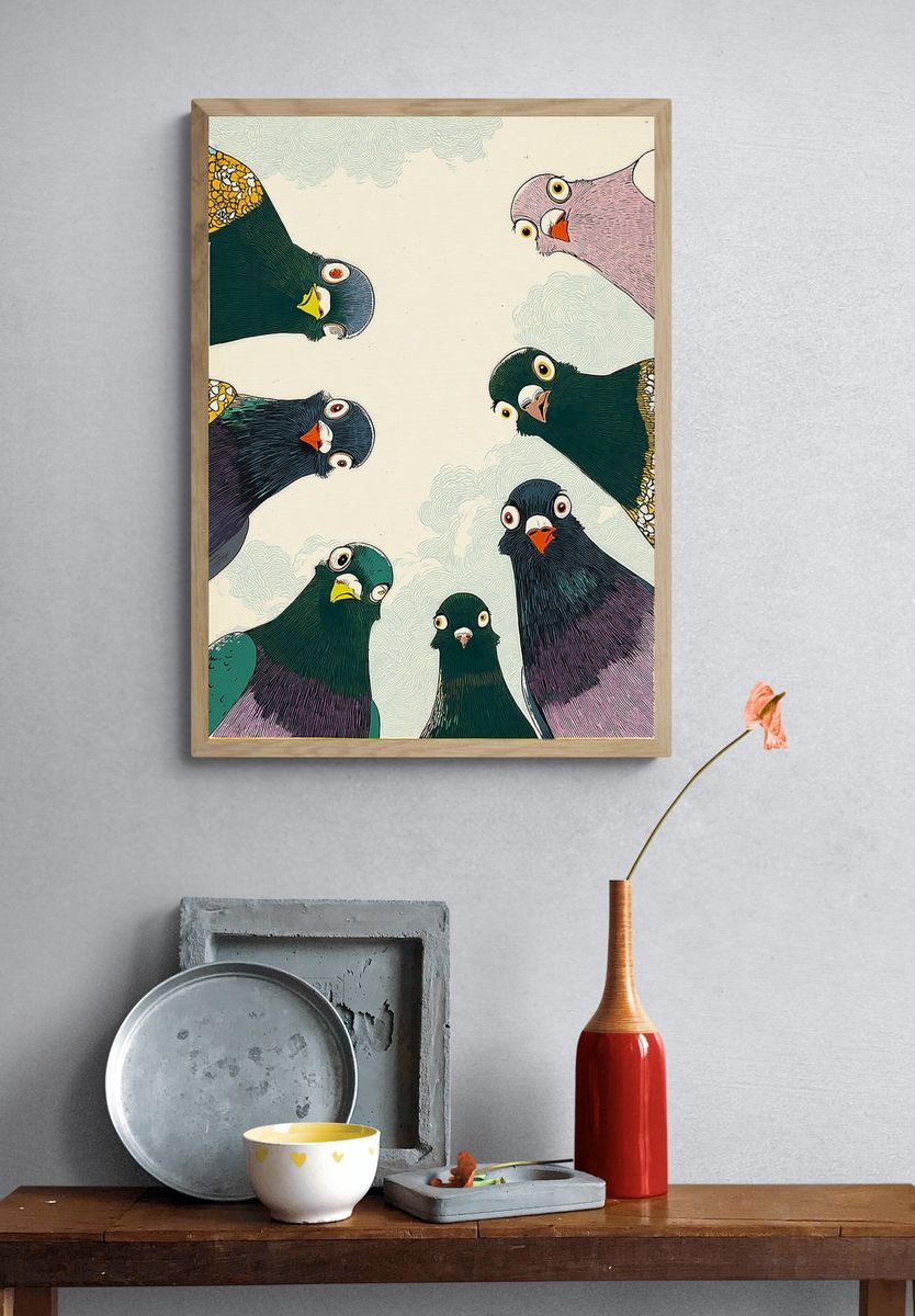 Playful Pigeons Illustration Poster. — room view 3