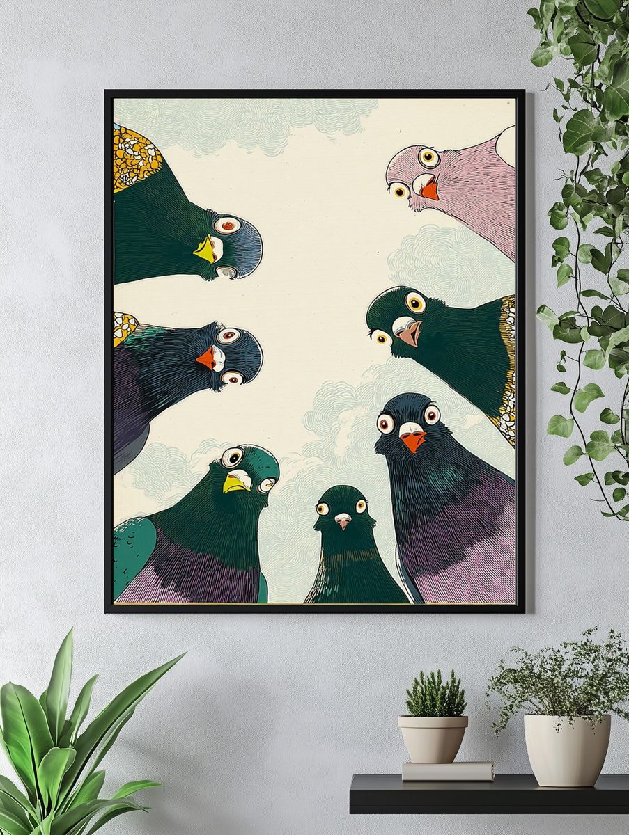 Playful Pigeons Illustration Poster. — room view 4