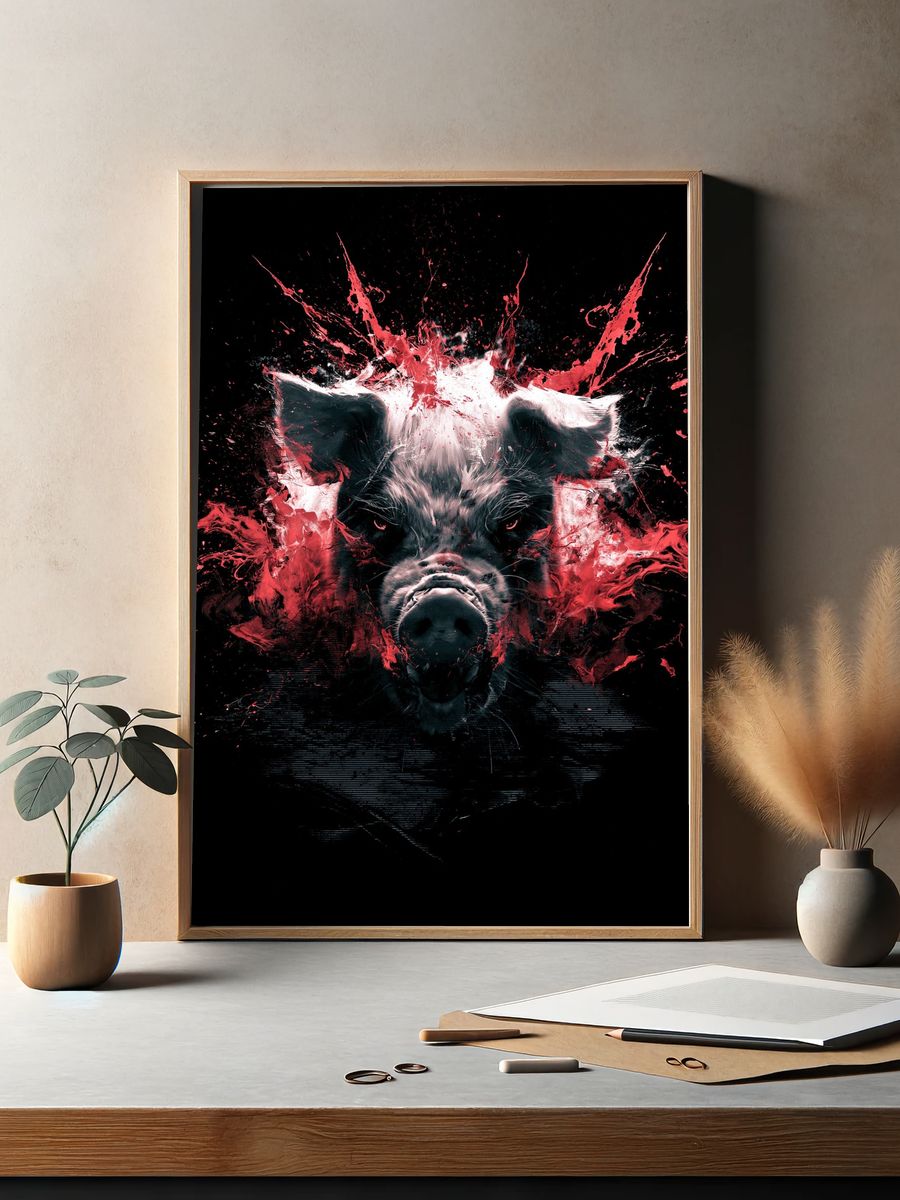 Explosive Pig Portrait Print. — room view 2