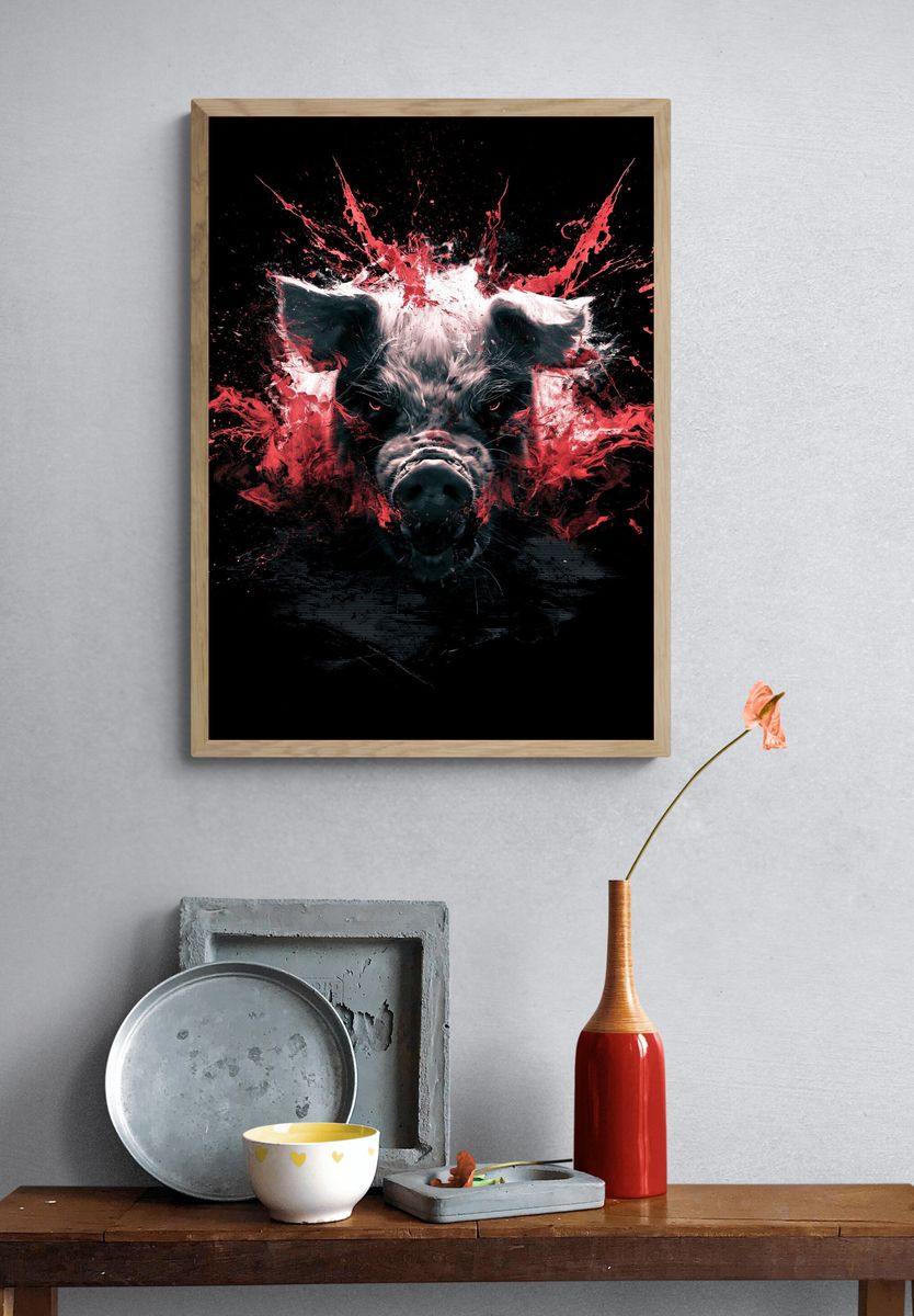 Explosive Pig Portrait Print. — room view 3