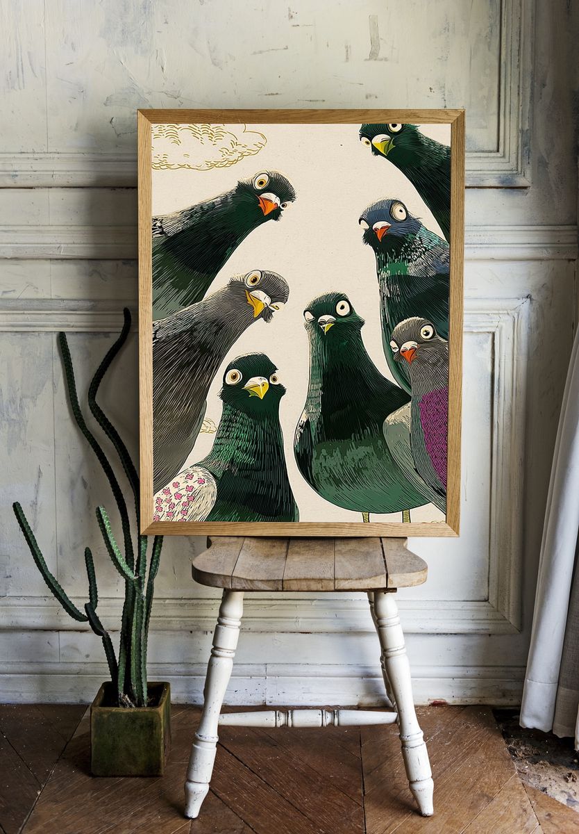 Curious Pigeons — Illustration Print. — room view 1