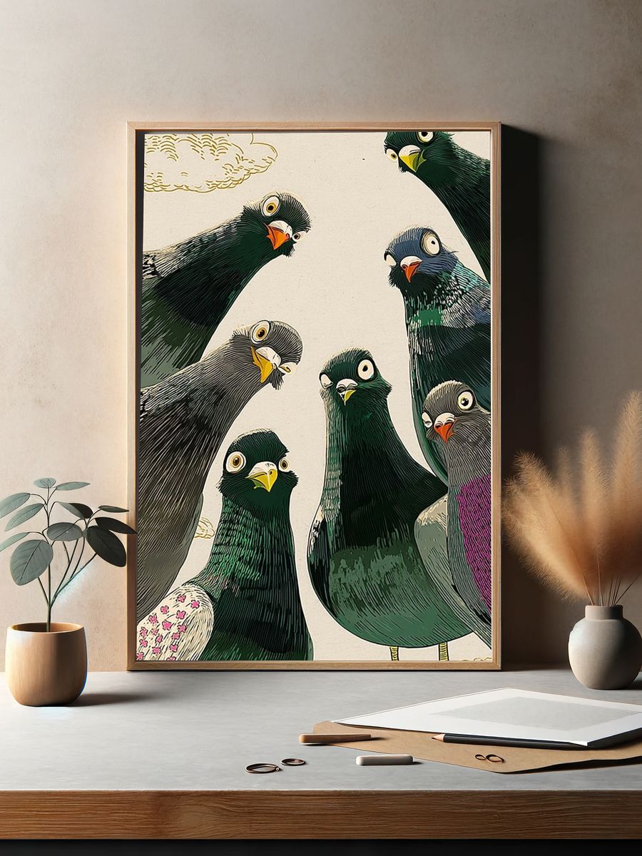 Curious Pigeons — Illustration Print. — room view 2