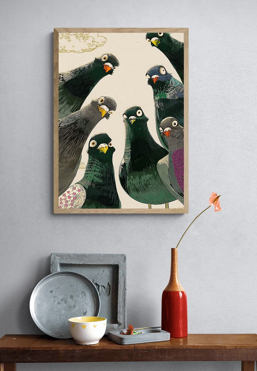 Curious Pigeons — Illustration Print. — room view 3