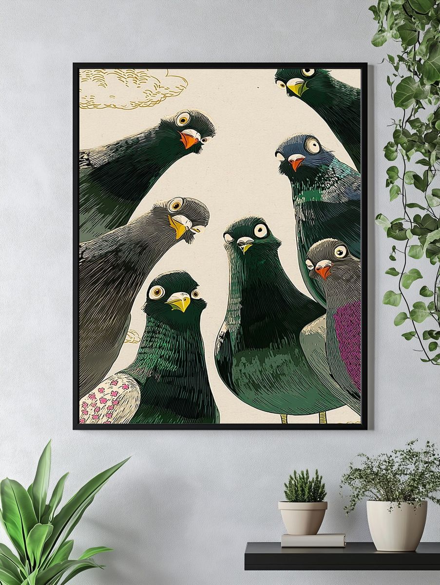 Curious Pigeons — Illustration Print. — room view 4