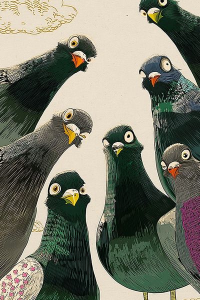 Curious Pigeons — Illustration Print. poster print