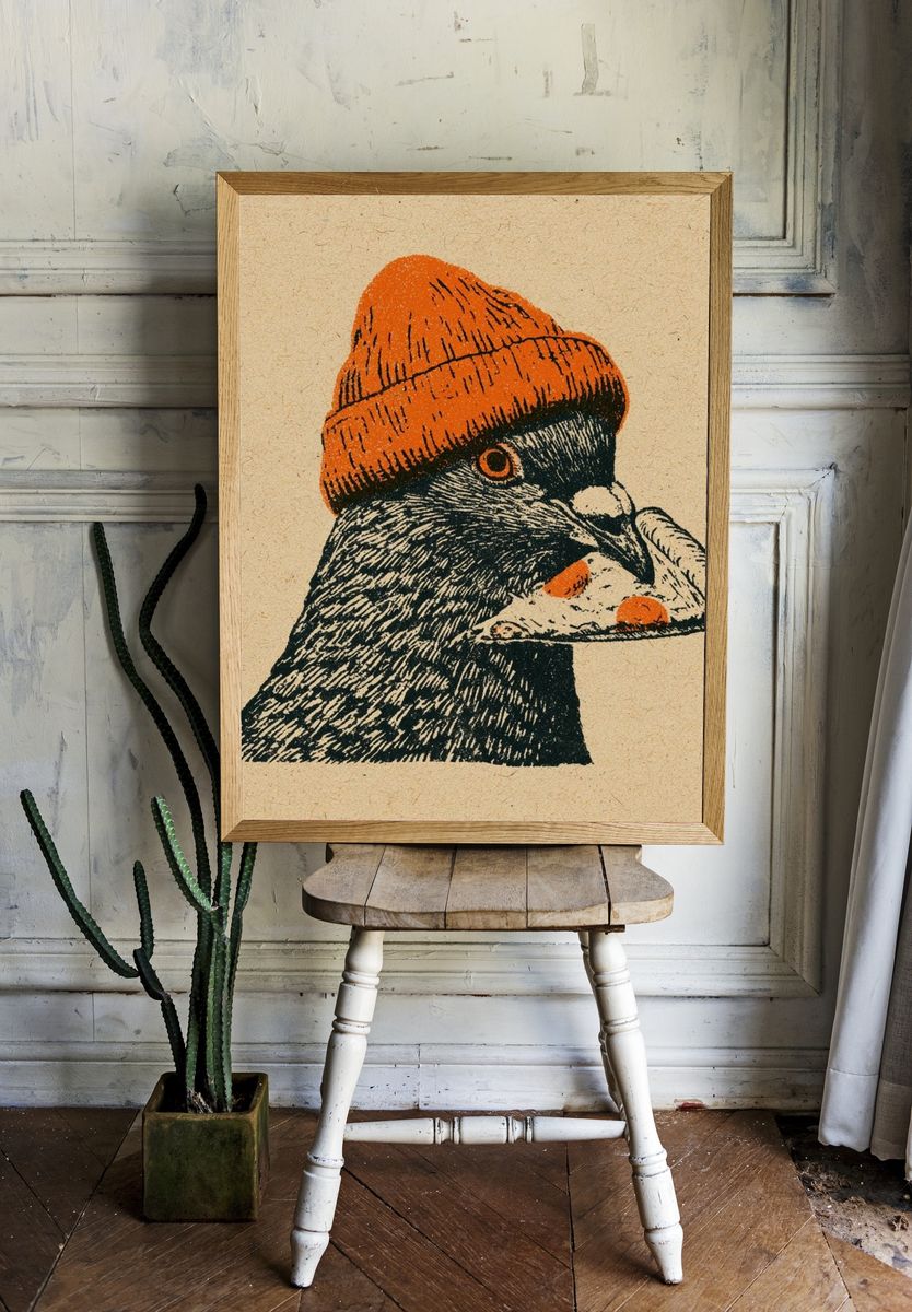 Pigeon in Orange Beanie Print. room preview