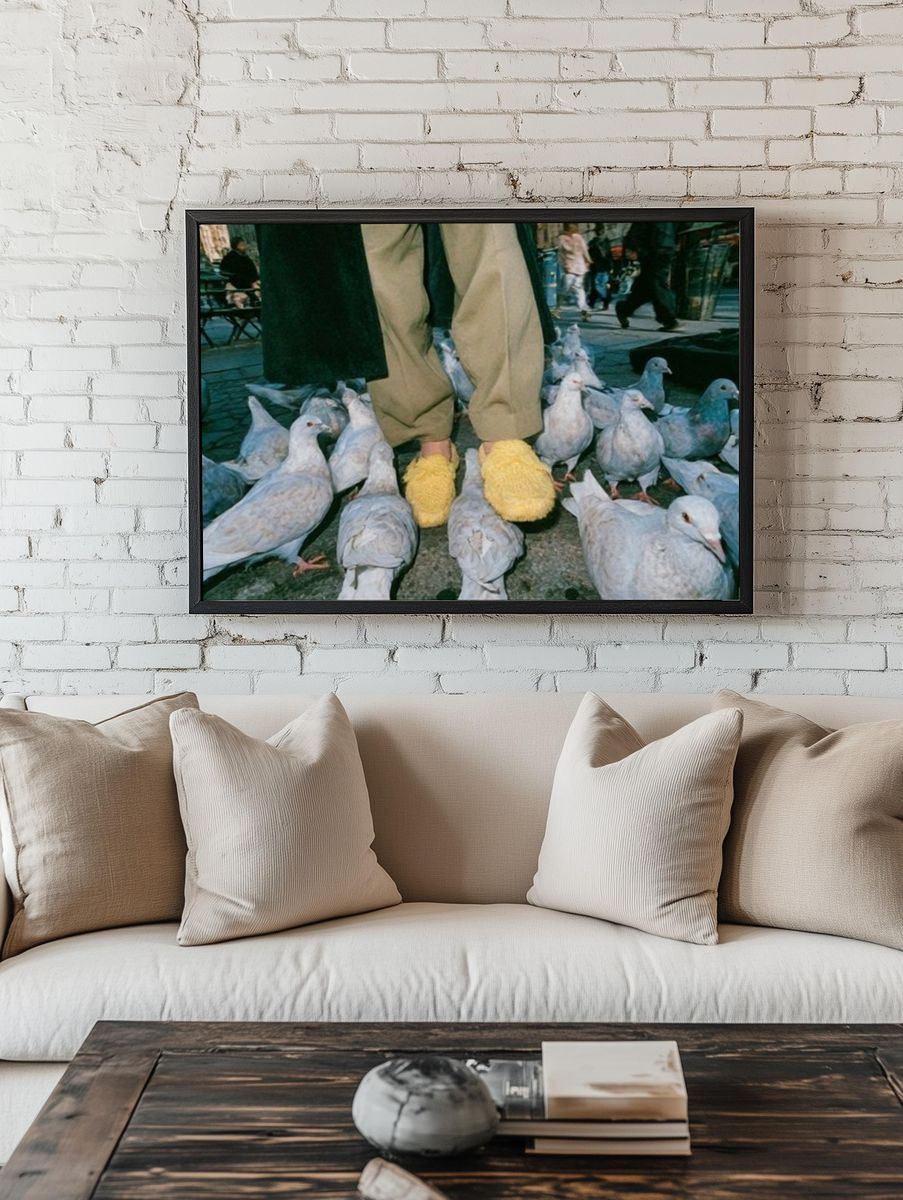 Pigeons and Yellow Slippers Photography Poster. — room view 1