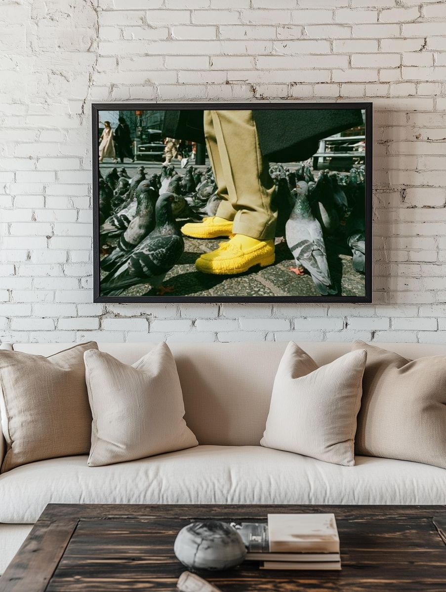 Pigeon Street Scene Photography Poster. room preview