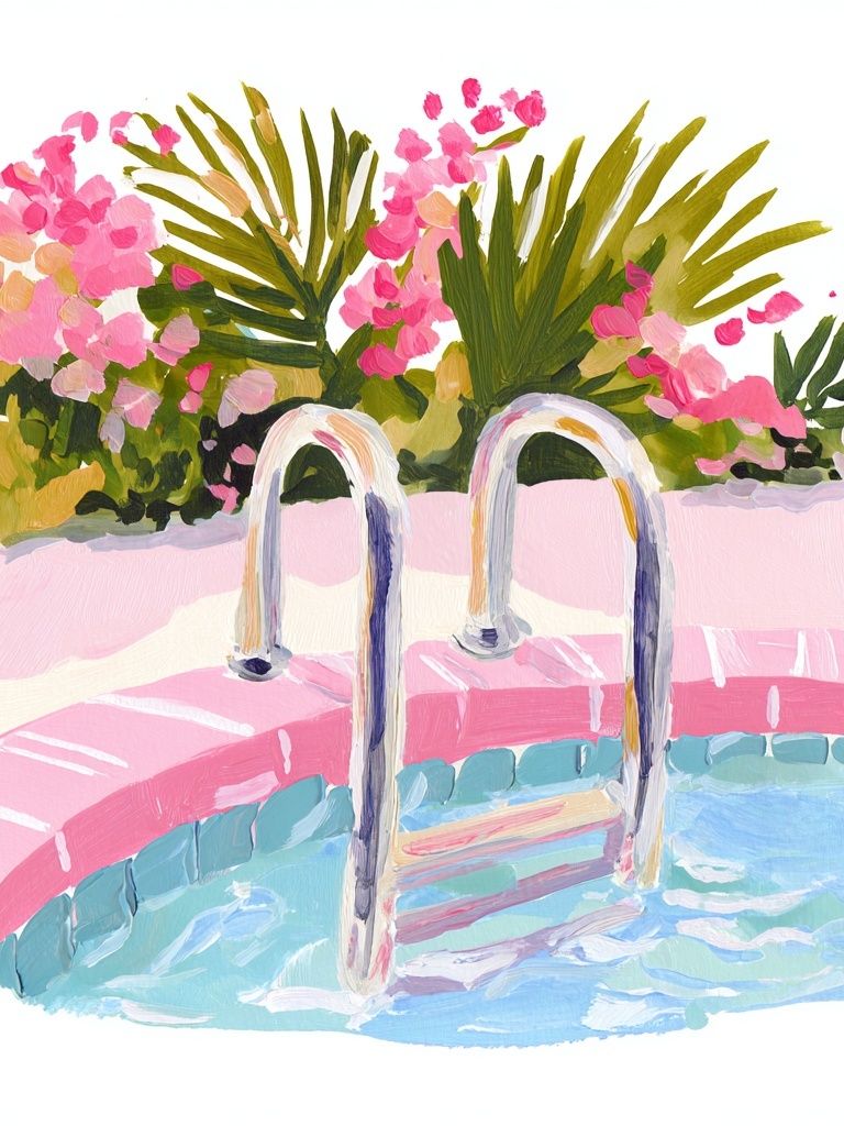 Swimming Pool with Flowers — Illustration Print. poster detail
