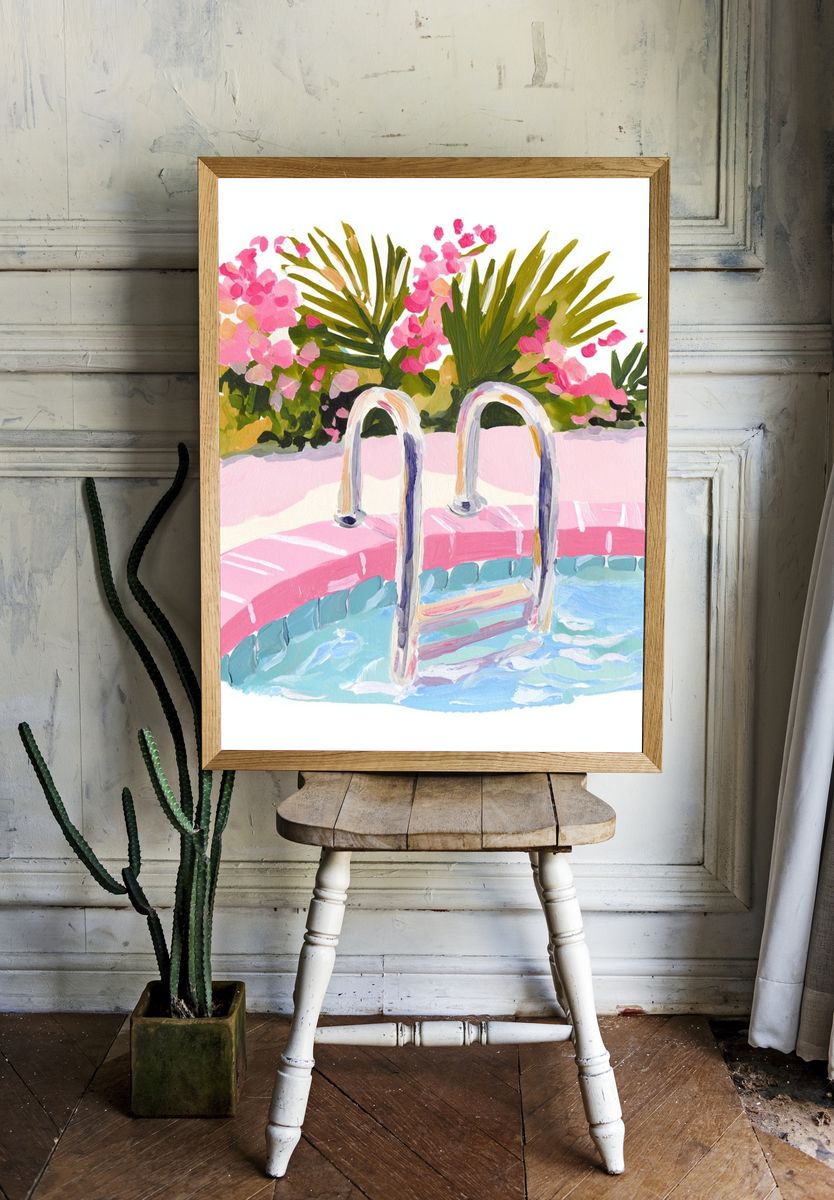 Swimming Pool with Flowers — Illustration Print. — room view 1
