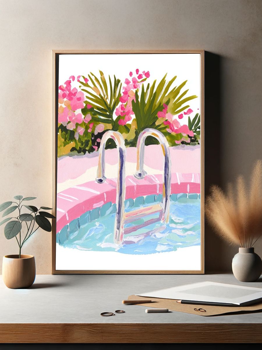 Swimming Pool with Flowers — Illustration Print. — room view 2