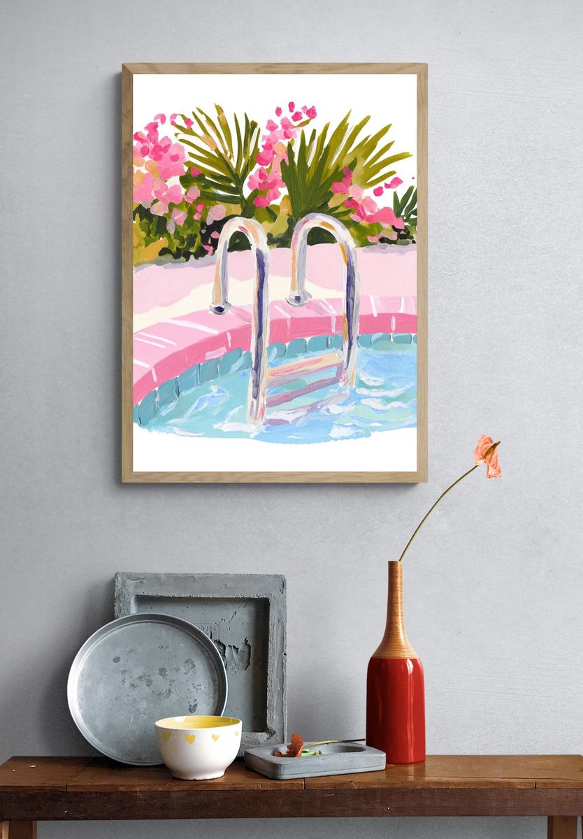 Swimming Pool with Flowers — Illustration Print. — room view 3