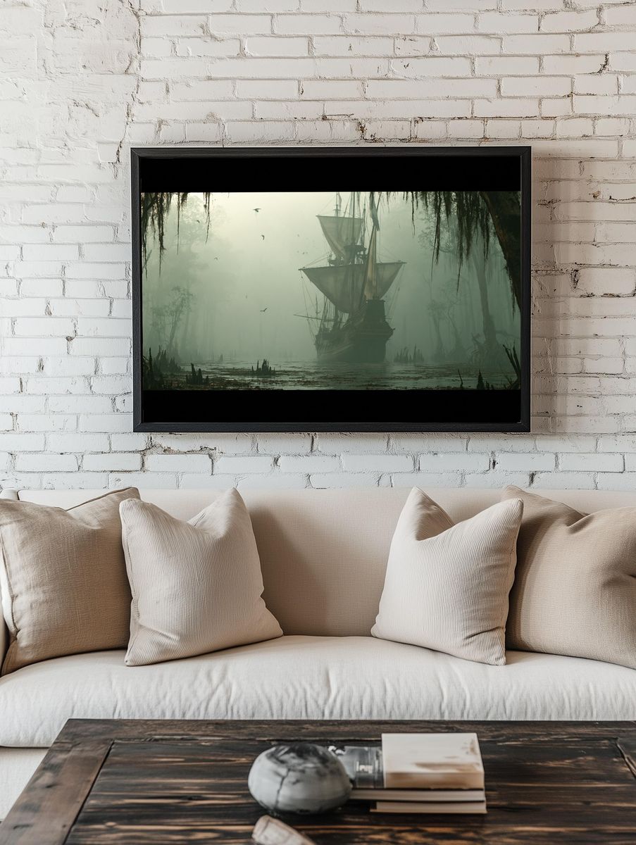 Misty Pirate Ship Swamp Print. room preview