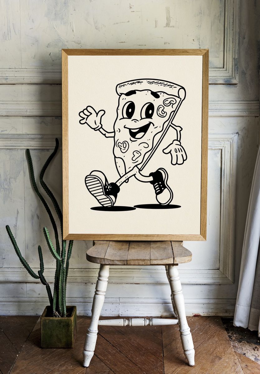 Happy Pizza Character — Cartoon Print. — room view 1