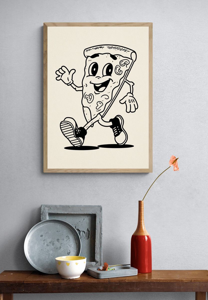 Happy Pizza Character — Cartoon Print. — room view 3