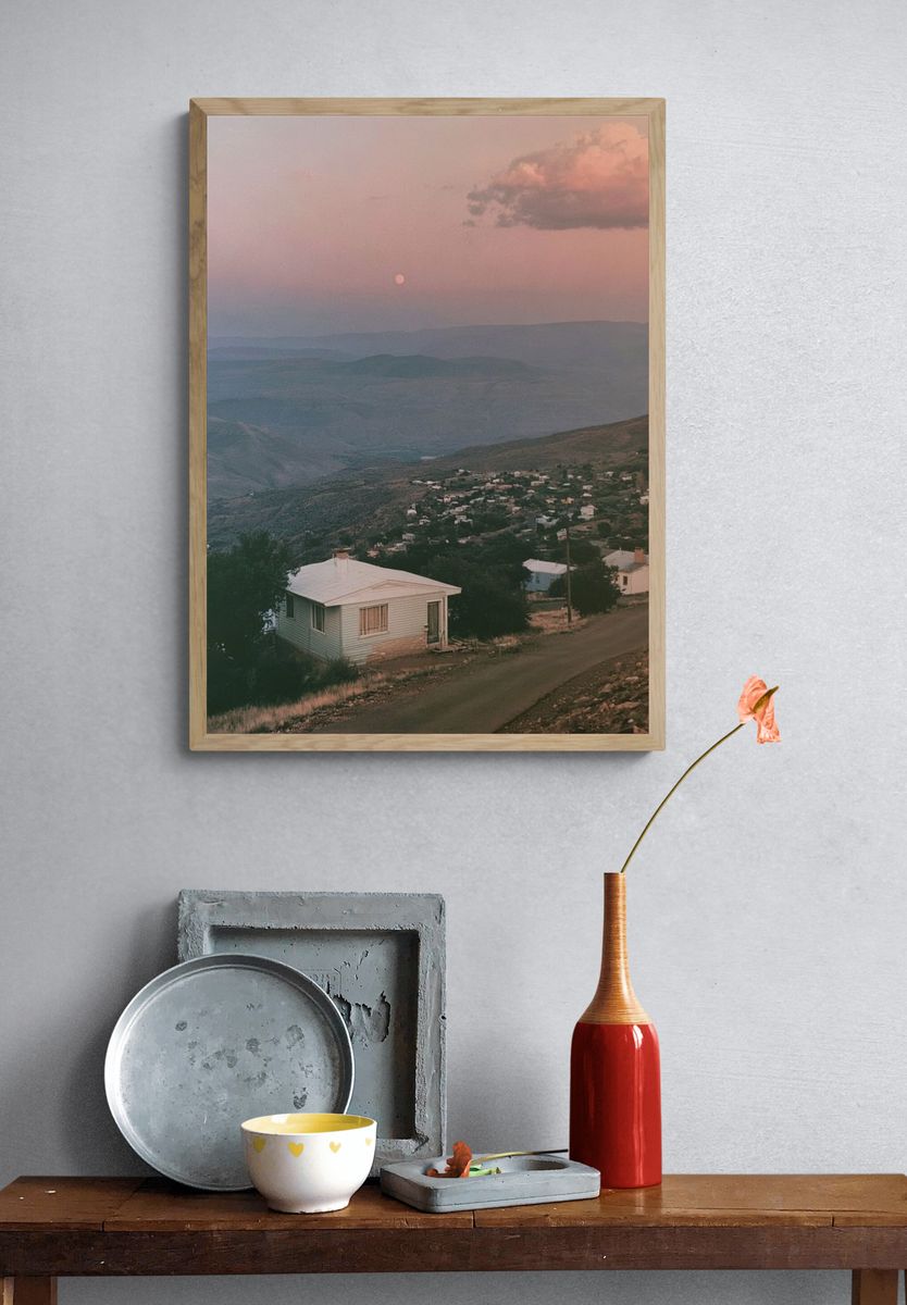 Pink Dusk Mountain Valley Photography Poster. — room view 3