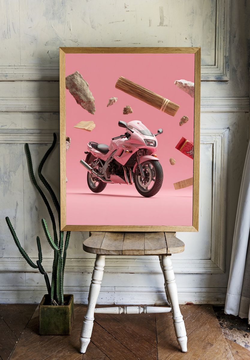 Pink Motorcycle Surreal Illustration Poster. — room view 1