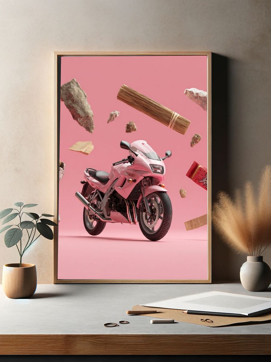 Pink Motorcycle Surreal Illustration Poster. — room view 2