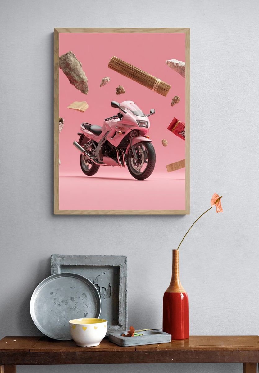Pink Motorcycle Surreal Illustration Poster. — room view 3