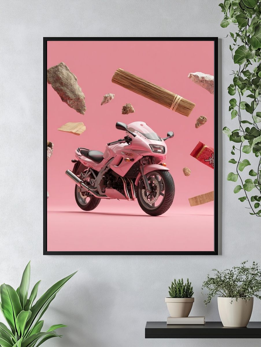 Pink Motorcycle Surreal Illustration Poster. — room view 4