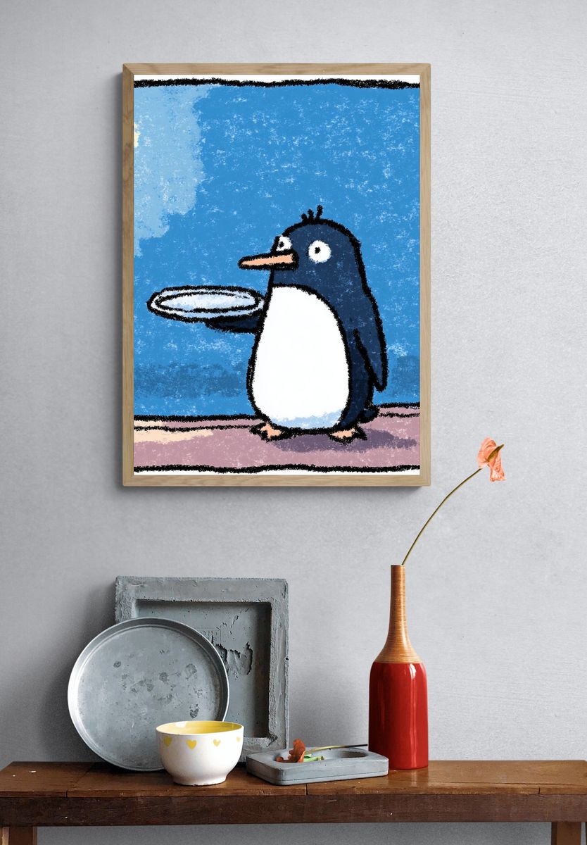 Penguin with Plate — Cartoon Print. — room view 3