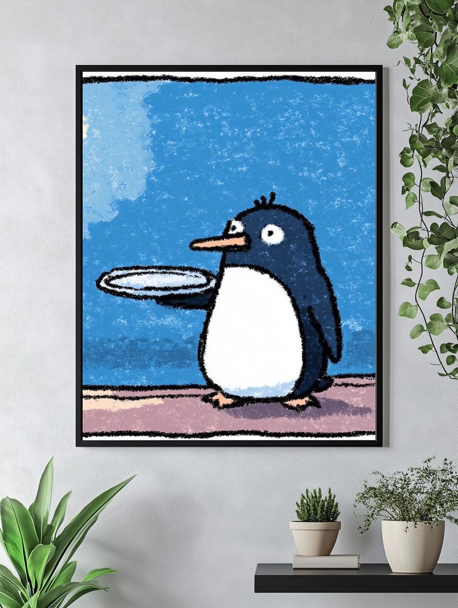 Penguin with Plate — Cartoon Print. — room view 4