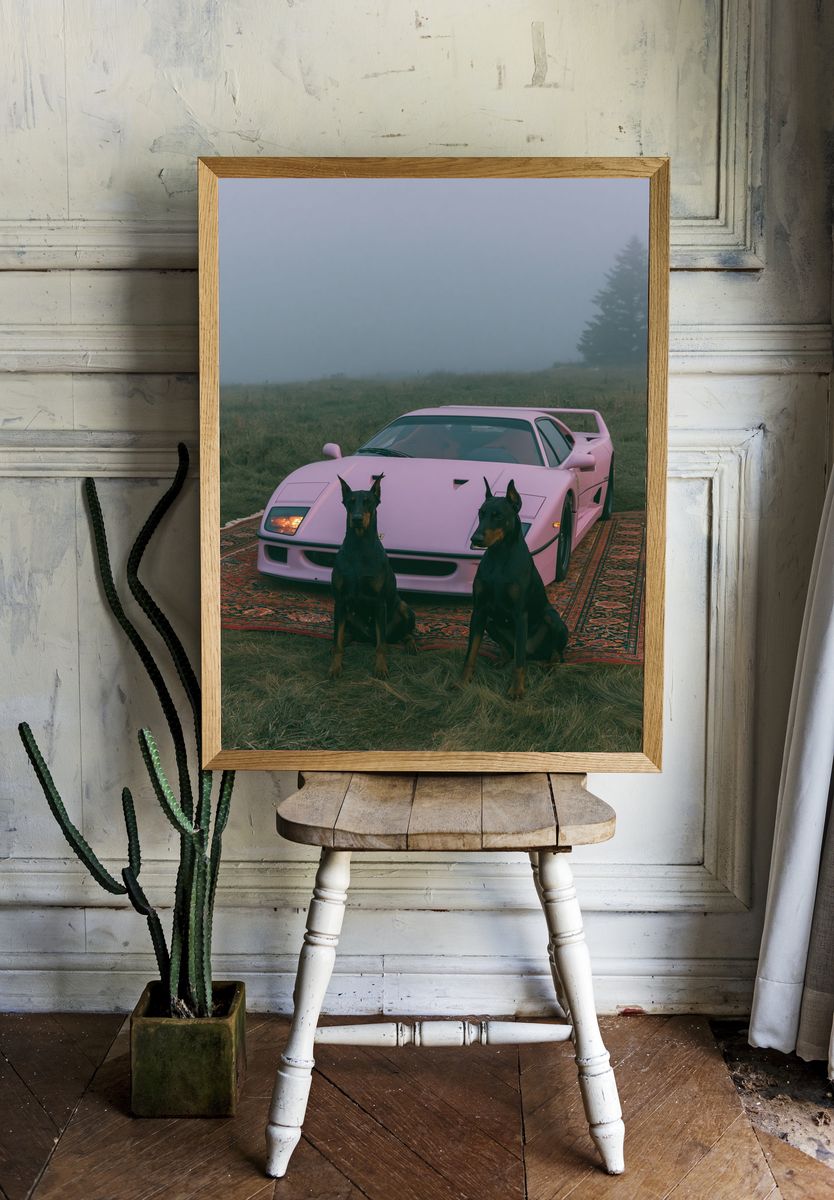 Pink Sports Car with Dobermans Poster. room preview