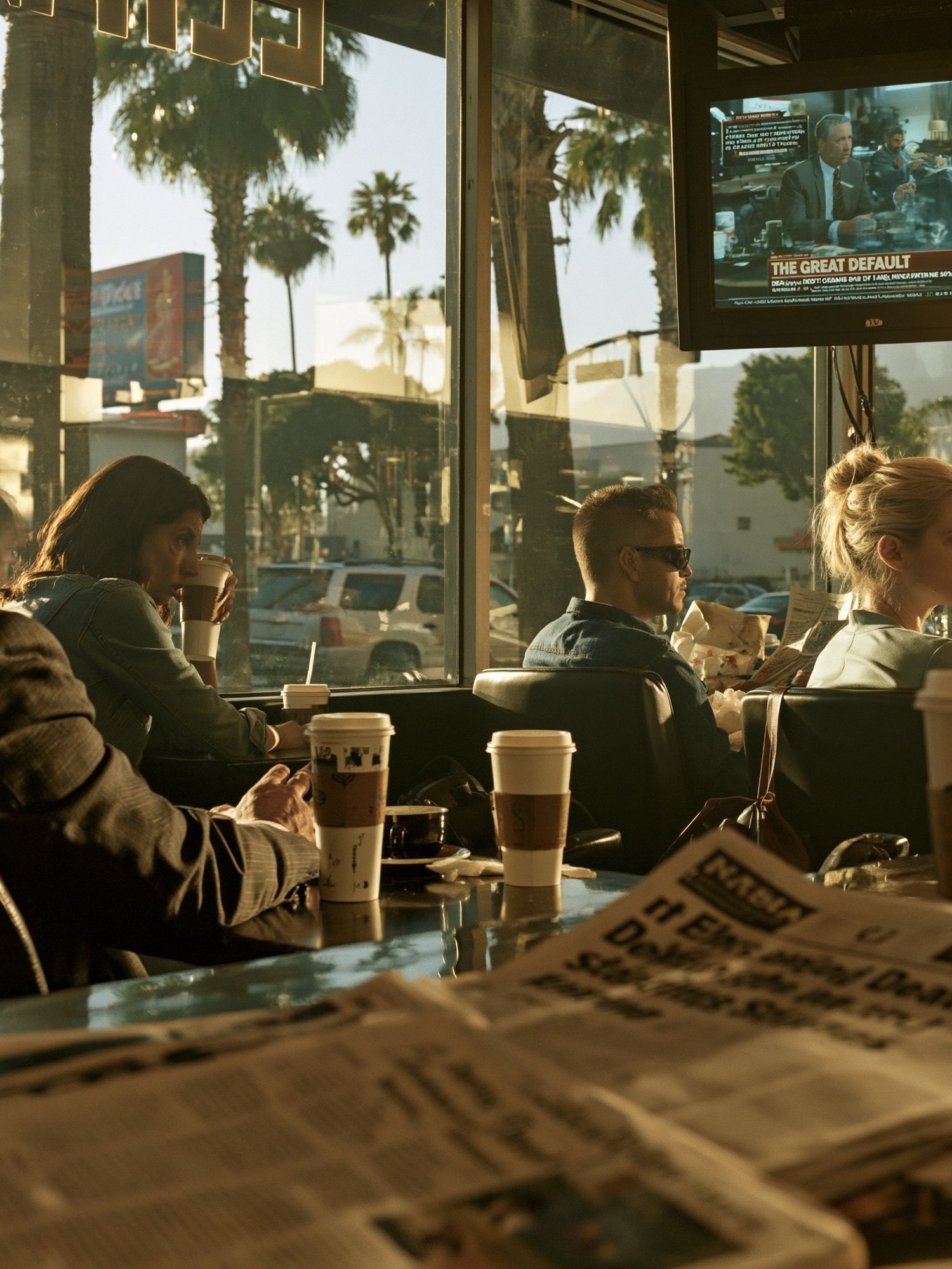 Sunlit Coffee Shop Scene Photography Poster. poster — photography art