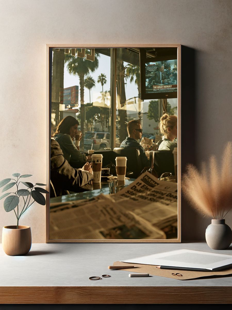 Sunlit Coffee Shop Scene Photography Poster. — room view 2
