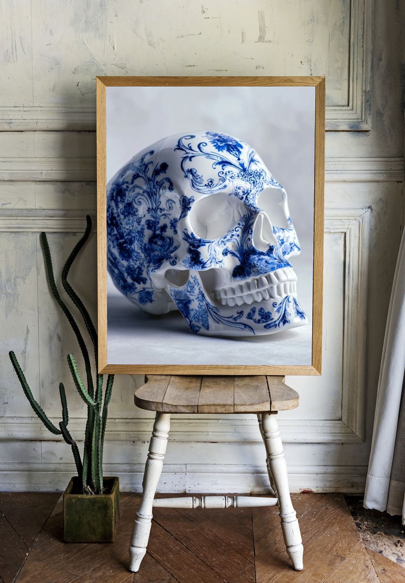 Blue Porcelain Skull Photography Poster. — room view 1