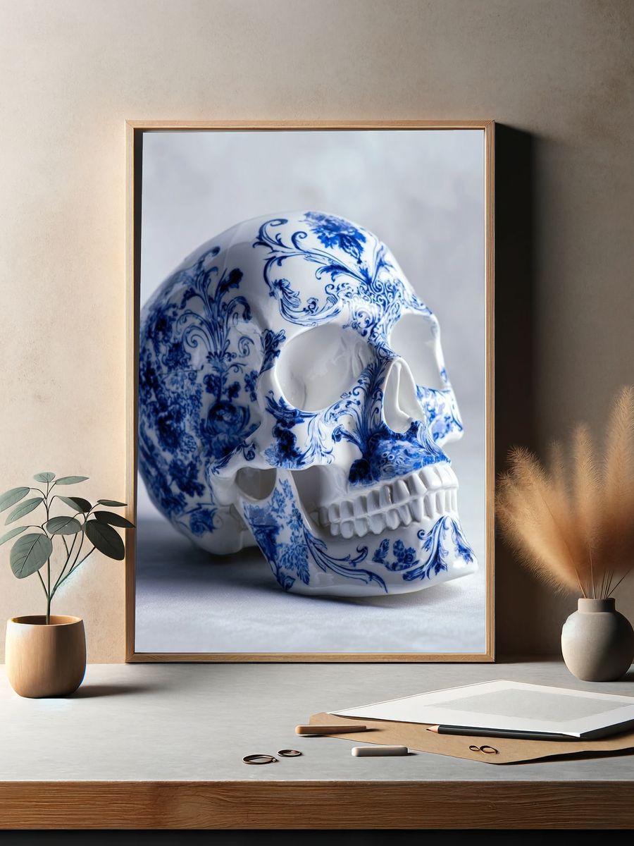 Blue Porcelain Skull Photography Poster. — room view 2