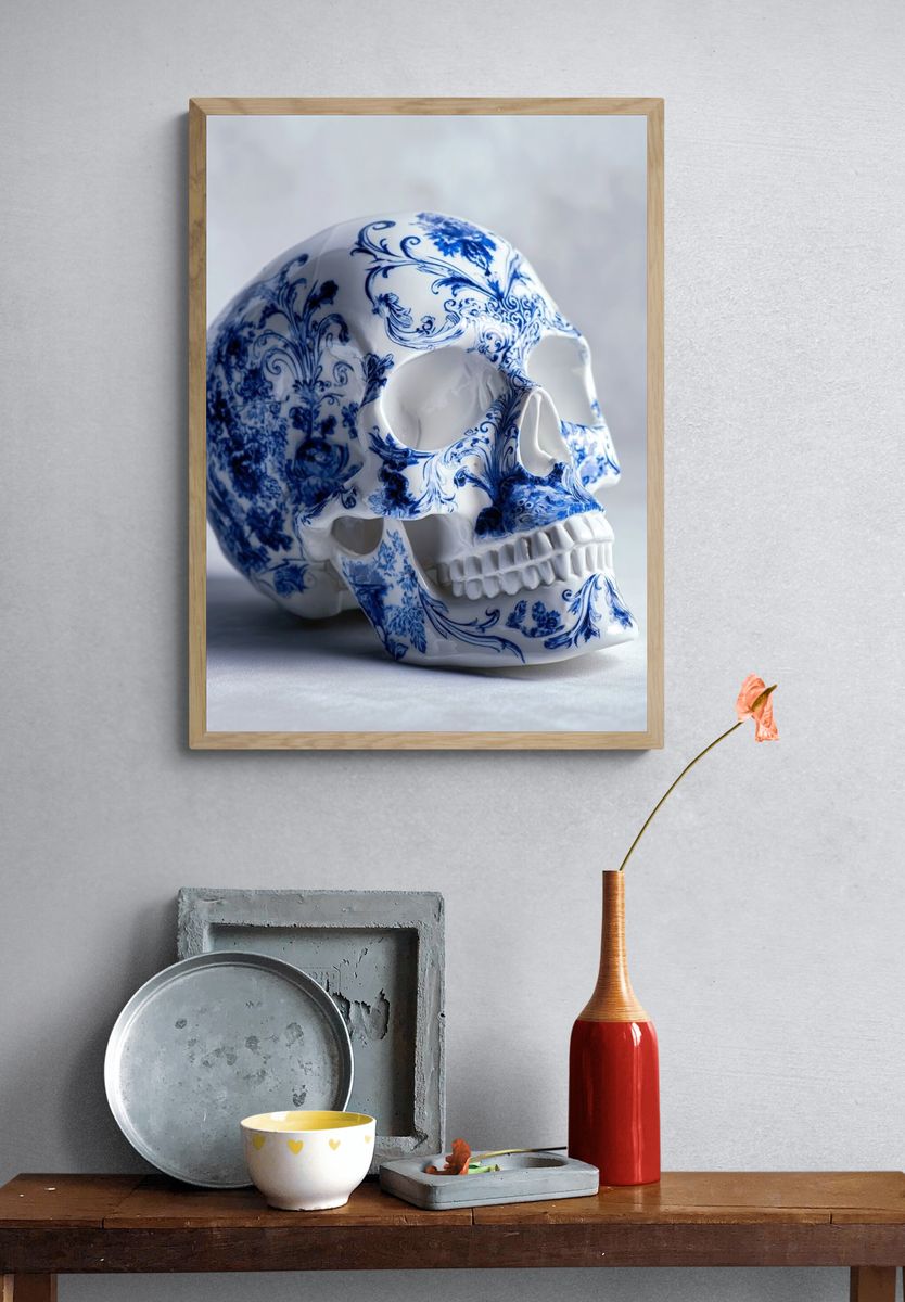 Blue Porcelain Skull Photography Poster. — room view 3
