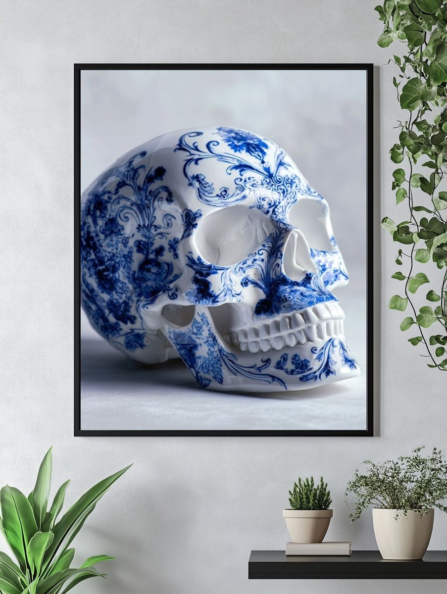 Blue Porcelain Skull Photography Poster. — room view 4