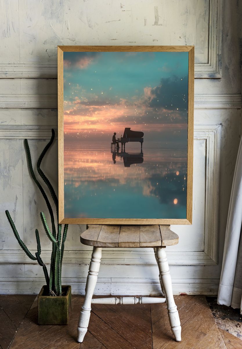 Piano at Sunset — Dreamy Print. — room view 1