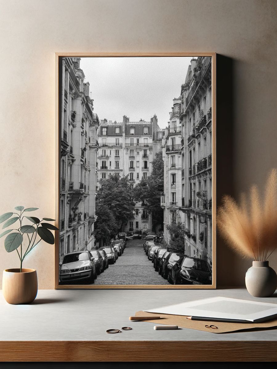 Paris Street in Black White Poster. — room view 2